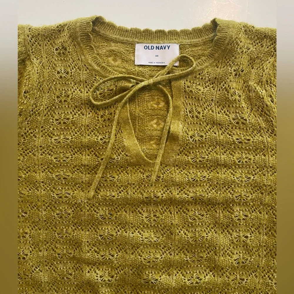 Puff-Sleeve Tie-Neck Pointelle Sweater Open Knit XS